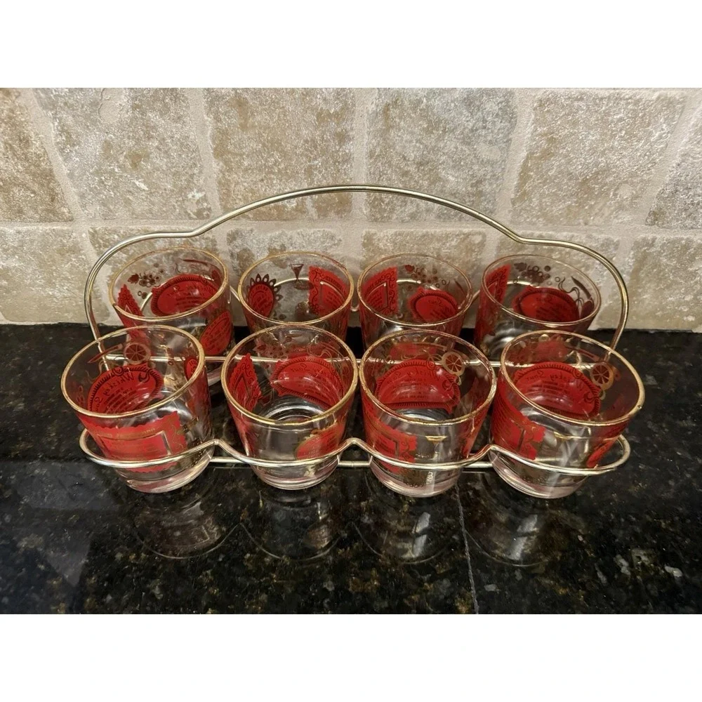 8 VTG Mid Century Modern Red Gold Whiskey Sour Old‎ Fashioned Bourbon Glasses